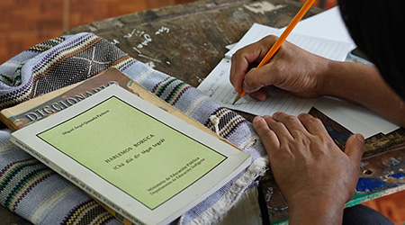 Se muestra un folleto y una mano de una persona escriendo sobre una hoja